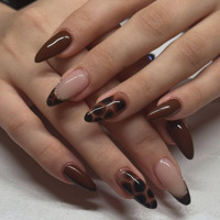 Faux ongles autocollants OEM 3D stéréo en feuille d'or, forme amande, imprimé écaille de tortue et léopard, style rétro automne-hiver, pour manucure prête à poser