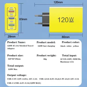 Pengisi daya USB 120W Multi port, pengisi daya Cepat USB Tipe C <span class=keywords><strong>3</strong></span>.0 untuk ponsel Laptop tablet ue/AS colokan - Product Image 6