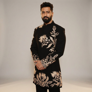 DAZZLING--GOLDEN EMBROIDERY on GROOM BLACK SHERWANI and <b>PANT</b> WITH EMBELLISHED CRYSTAL GLASS BEADS,DABKA WORK for WEDDING=2024 - Product Image 5