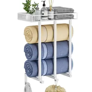 浴室毛巾架，带金属搁板和3个挂钩，用于大毛巾和小毛巾壁挂式毛巾架