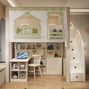 Lit mezzanine moderne JS rose en forme de chat pour enfants avec escalier, armoire de rangement et penderie à 2 portes, garde-corps haut pour chambre de filles - Product Image 6