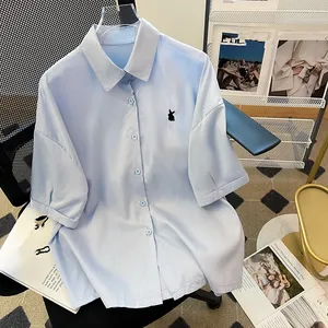 2023 летний кардиган на пуговицах, женская рубашка большого размера с мультяшной вышивкой, сложенная рубашка с коротким рукавом, женская рубашка в японском стиле