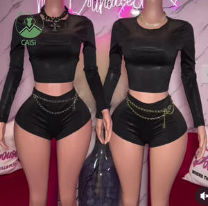 Completo <span class=keywords><strong>Donna</strong></span> Lucido a Due Pezzi Primaverile Semplice Aderente con Top Corto a Maniche Lunghe e <span class=keywords><strong>Pantaloncini</strong></span> Casual Skinny Coordinati - Product Image 1