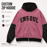 Sweat à capuche zippé vintage personnalisé en coton pour homme, avec strass, logo floqué et blocs de couleur contrastés, style streetwear