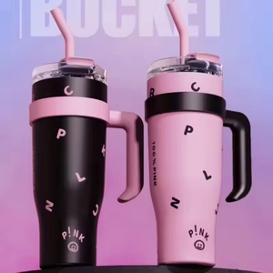 Wholesale Black Pink Stainless Steel <b>Thermos</b> Cup Insulated 24hr Thermal Insulation Large Coffee Straw Mug 1250ml Tumbler Handle - Product Image 1