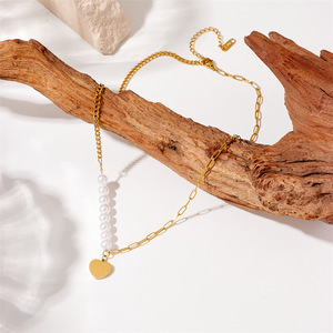 European American Style Pearl Chain Gold Plated Heart Pendant Necklace Stainless Steel Gift Jewelry - Product Image 2