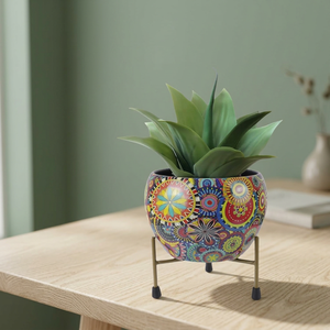 Pot de fleurs en métal émaillé créatif, rond, à motifs colorés, avec support en métal - Product Image 6