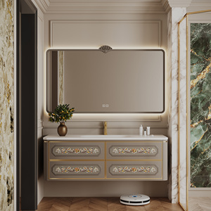 Meuble de salle de bain vintage français de luxe léger en bois, vasque flottante en bois massif avec miroir LED, armoire florale peinte à la main et lavabo en pierre - Product Image 4