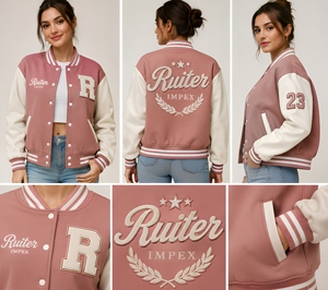 เสื้อแจ็คเก็ตวาร์ซิตี้ปักตัวอักษร R สีชมพูขาว สไตล์ Preppy สำหรับผู้หญิง ทรงปกติ คอทรงโอ โลโก้ด้านหน้า - Product Image 6