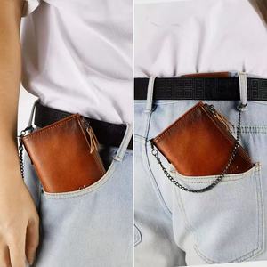 Cartera de cuero genuino con cremallera de diseñador de marca para hombre, Cartera de motorista de marca antirrobo con bloqueo RFID con cadena, cartera personalizada para hombre - Product Image 4