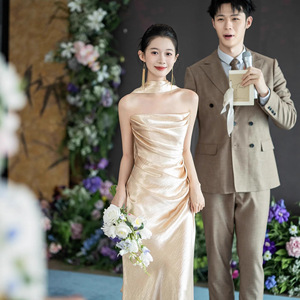 Champagne Strapless Evening Gown Natural Waistline For Engagements Weddings Banquets And Morning Events - Product Image 2