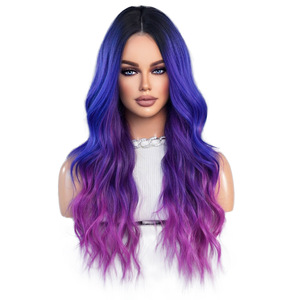 Parrucca riccia a onde medie, piccola, naturale, leggera e traspirante, semi-cucita a mano, in seta sintetica resistente al calore, con sfumatura viola-blu fantasia, per capelli a tutta testa - Product Image 5