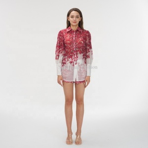 Fabricante de Ropa, Traje de Mujer Personalizado con Estampado Floral, Blusa de Chifón Ligero de Manga Larga, Pantalones Cortos Holgados - Product Image 2
