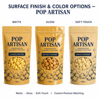 Sacs à popcorn personnalisés avec fenêtre, refermables, à fond plat, pour emballage alimentaire de popcorn gourmet, beurre, caramel, cheddar