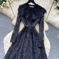 Robe midi élégante pour femmes, en dentelle, à manches longues, style A, décontractée, avec ceinture, pour les occasions quotidiennes et les fêtes, vêtements pour femmes