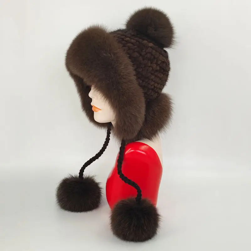 New Style Winter Frauen warme Nerz Strick mütze Fox Fur Ball Hat