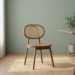 Mid Century Teak Wood <b>Dining</b> <b>Chair</b> with Oval <b>Natural</b> Rattan Backrest - Product Image 2