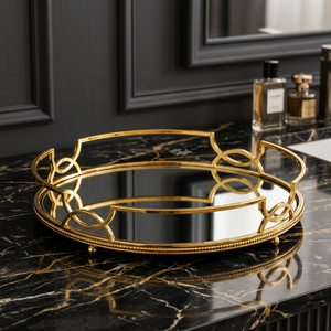 Oval Gold Plated <b>Mirror</b> Tray Geometric Design Decorative Centerpiece Glam Style Single Piece - Product Image 1