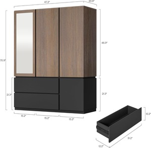 <span class=keywords><strong>Armadio</strong></span> Moderno Alto Autoportante in Legno con 3 Ante, <span class=keywords><strong>Specchio</strong></span>, 2 Aste Appendiabiti e 2 Cassetti - Product Image 6