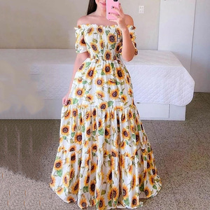 Personalizzare Sexy manica corta moda floreale Off-spalla lunga gonna stampata vacanza una linea lungo lungo a strati Maxi abito da donna - Product Image 5
