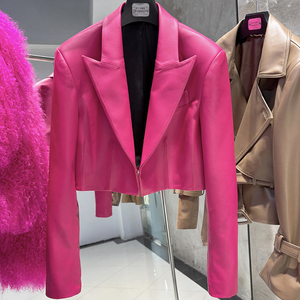 Blazer Feminino Curto de Couro Genuíno em Cores Vibrantes, Jaqueta de Couro de Ovelha Real para Outono - Product Image 1