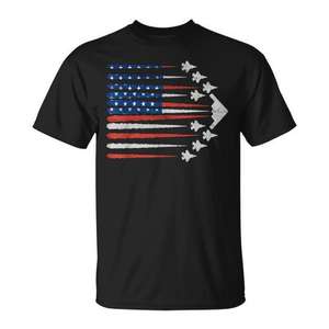 T-shirt patriotique avec drapeau américain, jets de combat, rouge, blanc, bleu, 4 juillet - Product Image 1