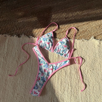 Fabricante OEM, Anillo de Resina Personalizado, Diseño Floral, Tanga Negra, Traje de Baño de Cintura Alta, Micro Bikini Extremo Muy Pequeño