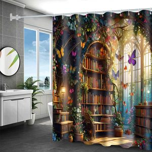 Fantasy Library Inspired Shower <b>Curtain</b> Water-Proof Custom Bath Home Decor Greenhouse Plant <b>Flower</b> Butterfly Bookshelf Green - Product Image 5