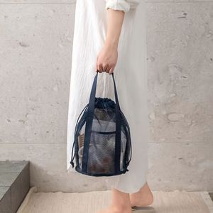Summer Portable Drawstring Storage Pouch <b>Foldable</b> Polyester Mesh <b>Beach</b> Tote <b>Bag</b> Lightweight Toiletry <b>Bag</b> for Travel - Product Image 4