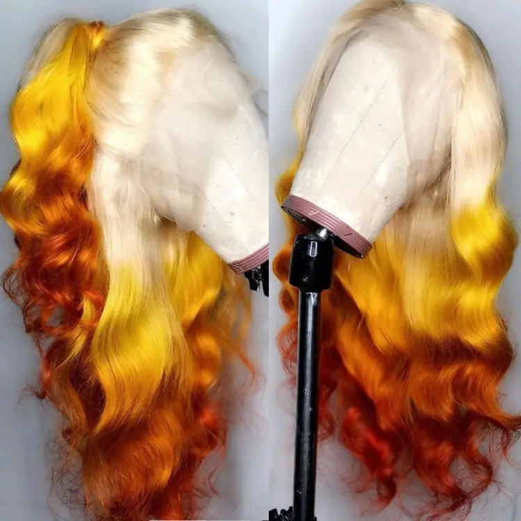Оптовая продажа, Омбре, радужные красочные волнистые волосы с 100% натуральной кутикулой, выровненные волосы, кружевные передние парики