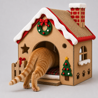 Maison pour chat en carton ondulé, toit en pente de Noël, griffoir, grotte intérieure pour chat avec coussin