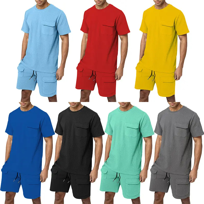 Summer Men's Casual Multi Pockets T-shirt Set 2 Piece Men Colorful Sweat Suit Sports Plus Size Custom Short Sleeve Shorts Sets
