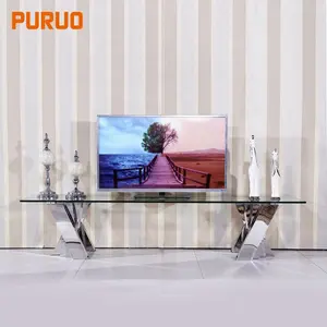Kabinet Dudukan TV Atas Meja Unit Cermin Kaca Tempered Berbentuk L Sudut Baja Tahan Karat Logam