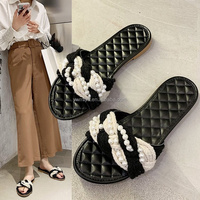 Sandales plates d'été pour femmes FC-080 2024, légères, luxueuses, à perles, à lanières croisées, bout carré, en cuir PU