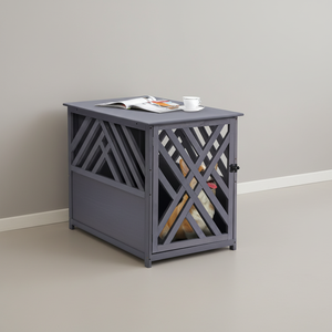 <span class=keywords><strong>Porte</strong></span> grise verrouillable Cage décorative pour <span class=keywords><strong>chien</strong></span> Chenil Caisse pour <span class=keywords><strong>chien</strong></span> en bois Table d'extrémité Table de nuit en treillis pour maisons et meubles pour animaux de compagnie - Product Image 2