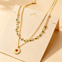 Collier Cœur Cerise Double Chaîne en Acier Inoxydable Plaqué Or 18K de Haute Qualité avec Diamants, Style Européen et Américain, Idéal pour un Cadeau