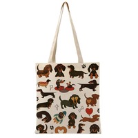 Dackel-Print Canvas-Tragetasche, Niedliche Dackel-Schultertasche für Hundeliebhaber