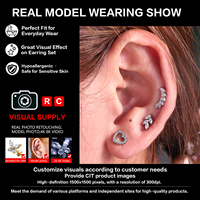 Piercing d'oreille sans filetage en titane G23 ASTM F136 avec feuille de zircon, plaqué or 24K, type push-pin labret 16G, pour cartilage d'oreille et bijoux de piercing corporel