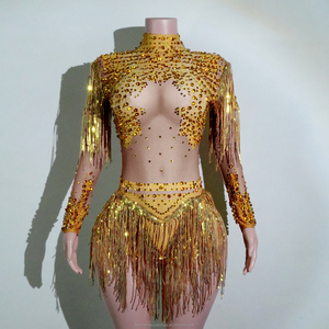 Traje de Baile Glamuroso para Drag Queen, Sexy, con Flecos de Pedrería Dorada, Cuello Alto, Estilo Nupcial, Uniforme para Grupo de Baile, Ropa de Escenario, Personalizado - Product Image 2