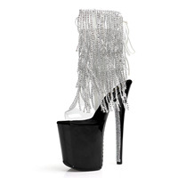 Chaussures de danse pour femmes en cuir verni avec bride arrière à la cheville, noir et blanc, 20 cm (8 pouces), strass, pompon, empeigne transparente