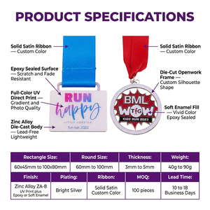 Médaille sportive en métal découpée sur mesure OEM d'usine, émail souple, impression typographique, placage argent et or, ruban de sublimation - Product Image 2