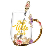 Mug en verre émaillé floral avec cuillère assortie, tasse à café ou à thé décorative, cadeau idéal pour un anniversaire, la fête des mères, la Saint-Valentin