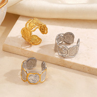 Bague Dina tendance en acier inoxydable gaufré motif rose, texture vintage, pour femme
