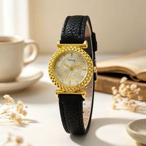Elegante Reloj de Cuarzo Vintage para Mujer de Oficina, con Esfera Redonda con Patrón Griego, Bisel Dorado y Correa de Cuero, para Uso Diario, Casual y de Negocios - Product Image 1