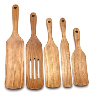 一套5件柚木钢包和抹刀开槽木勺套装热卖木质厨房用具木质喷壶