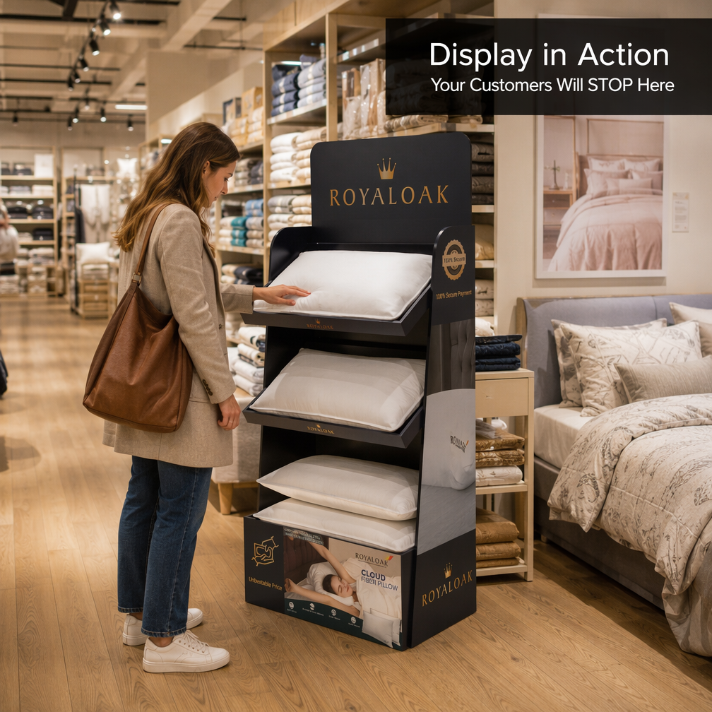 Floor Pillow & Bedding Display Racks Angled Shelves Wood Custom Header Easy Assembly for for Home Textile Retail for Pillow — view 2