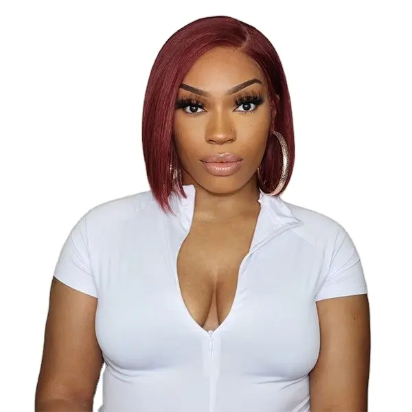 Couleur des cheveux bordeaux perruque Bob droite pré-plumée rouge foncé Transparent c-part perruques courtes avant de lacet 99J couleur des cheveux