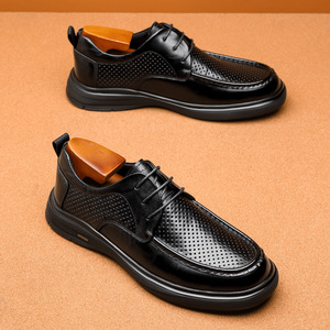Dress Shoes Men Leather Perforated Breathable Lace-Up Formal Office <b>Work</b> Commuter Black Full Grain Cowhide Summer Autumn Winter - Product Image 1