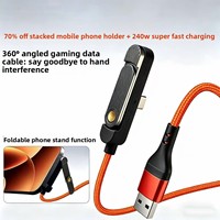 Kabel Pengisi Daya USB 2 in 1 Nylon dengan Braket Lipat Putar 180 Derajat, Kabel Dual Type-C untuk Ponsel, Komputer, Kamera