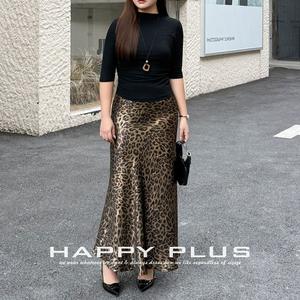 Falda larga con estampado de leopardo Runqi, talla grande para mujer, cintura natural, negro y dorado, poliéster, dobladillo en forma de V - Product Image 5